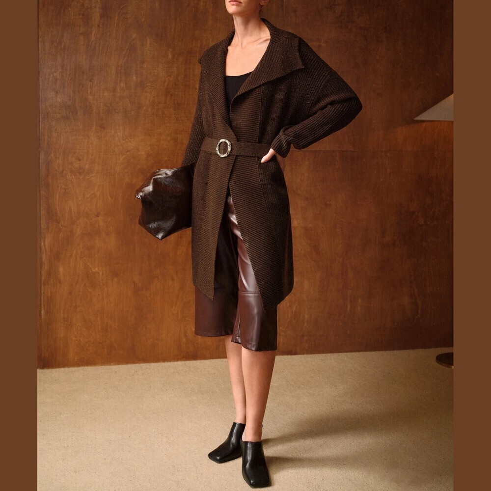 Brown Ribbed Knit Belted Collar Oversized Robe Cardigan Coat